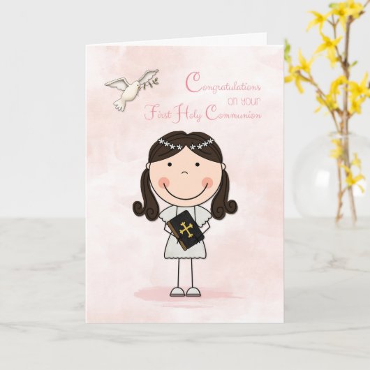 Erste Kommunion, dunkelhaariges Mädchen, Glückwuns Karte (Gelbe Blume)