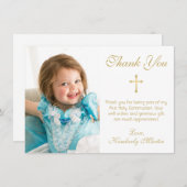 Erste Kommunion Einfaches Gold Script Cross Foto Dankeskarte (Vorne/Hinten)