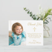 Erste Kommunion Einfaches Gold Script Cross Foto Dankeskarte (Stehend Vorderseite)