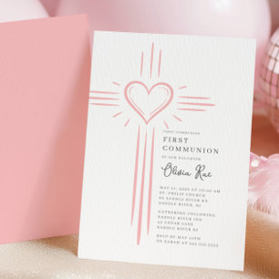 Erste Kommunion Einladung mit rosa Herz Kreuz