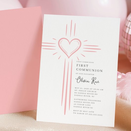 Erste Kommunion Einladung mit rosa Herz Kreuz