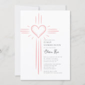 Erste Kommunion Einladung mit rosa Herz Kreuz (Vorderseite)