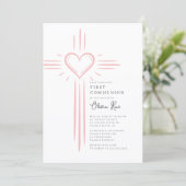 Erste Kommunion Einladung mit rosa Herz Kreuz (Stehend Vorderseite)