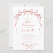 Erste Kommunion Einladung mit rosa Schleife (Vorderseite)