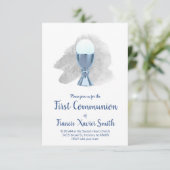 erste Kommunion elegante blaue Kalice Einladung (Stehend Vorderseite)