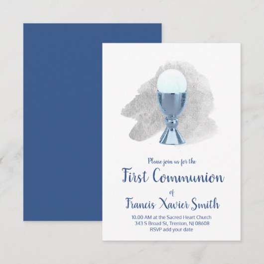 erste Kommunion elegante blaue Kalice Einladung (Vorne/Hinten)