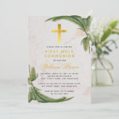 Erste Kommunion Fern Greenerity Gold Cross Marmor Einladung (Stehend Vorderseite)