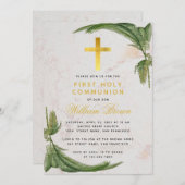 Erste Kommunion Fern Greenerity Gold Cross Marmor Einladung (Vorne/Hinten)