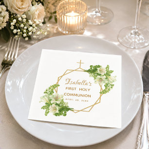Erste Kommunion Floral Lilies Gold Cross Serviette
