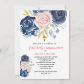 Erste Kommunion Floral Navy Blauer Rosa Einladung (Vorderseite)