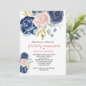 Erste Kommunion Floral Navy Blauer Rosa Einladung (Stehend Vorderseite)