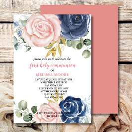 Erste Kommunion Floral Navy Blauer Rosa Einladung
