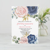 Erste Kommunion Floral Navy Blauer Rosa Einladung (Stehend Vorderseite)