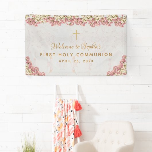 Erste Kommunion Floral Pink Orchids Script Willkom Banner (Insitu)