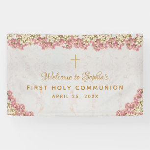 Erste Kommunion Floral Pink Orchids Script Willkom Banner