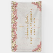 Erste Kommunion Floral Pink Orchids Script Willkom Banner (Vertikal)