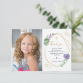 Erste Kommunion Foto Danke Lila Sukkulenten Einladung (Stehend Vorderseite)