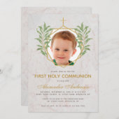 Erste Kommunion Foto Greenery Gold Marmor Foliage Einladung (Vorne/Hinten)