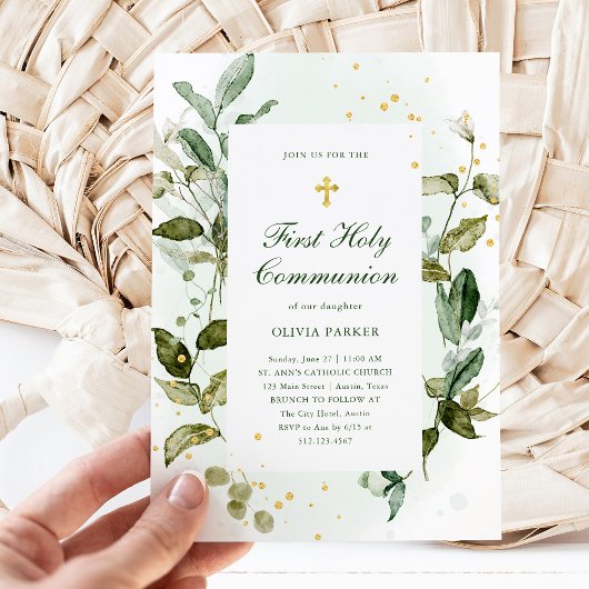 Erste Kommunion für botanische Vegetation und Gold Einladung