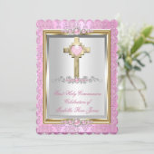 Erste Kommunion Girls Pink Pearl Damask Einladung (Stehend Vorderseite)