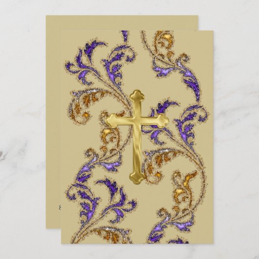 Erste Kommunion Glittery Damask mit Kreuz Einladung (Vorne/Hinten)