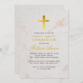 Erste Kommunion Gold Cross Marmor Elegantes Skript Einladung (Vorne/Hinten)