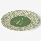 Erste Kommunion Green Imitats Gold Green Foliage Pappteller (Schrägansicht)
