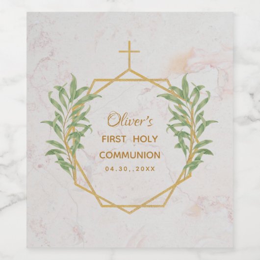Erste Kommunion Greenery Botanical Gold Geometric Weinetikett (Einzelnes Label)