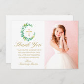 Erste Kommunion Greenery Wreath Gold Cross Foto Dankeskarte (Vorne/Hinten)