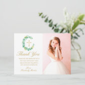 Erste Kommunion Greenery Wreath Gold Cross Foto Dankeskarte (Stehend Vorderseite)
