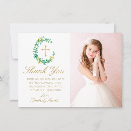 Erste Kommunion Greenery Wreath Gold Cross Foto Dankeskarte (Vorderseite)