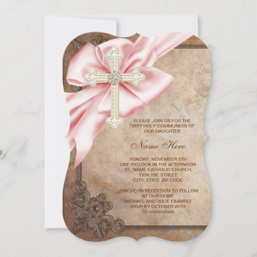 Erste Kommunion in Rosa und Braun Einladung (Vorderseite)