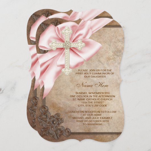 Erste Kommunion in Rosa und Braun Einladung (Vorne/Hinten)