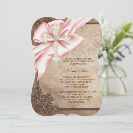 Erste Kommunion in Rosa und Braun Einladung (Stehend Vorderseite)