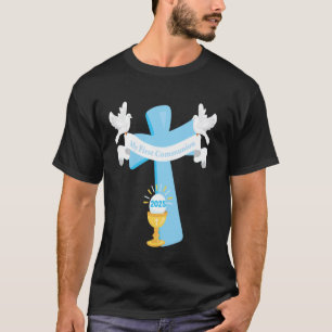 Erste Kommunion Junge 2025 Kreuz Kelch Eucharistie T-Shirt