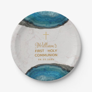 Erste Kommunion Junge Blaue Geode Marmor Goldkreuz Pappteller