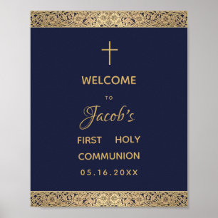 Erste Kommunion Junge Navy Blau Gold Rosen Willkom Poster