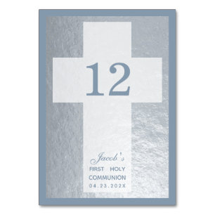 Erste Kommunion Kreuz Faux Silber Staubblauer Jung Tischnummer