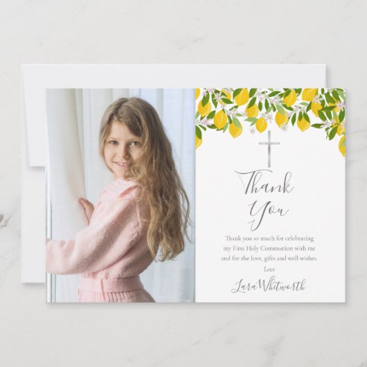 Erste Kommunion Lemons Silver Cross Foto Dankeskarte (Vorderseite)