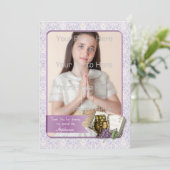 Erste Kommunion, Lila Damaskus-Fotokarte Karte (Stehend Vorderseite)