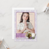 Erste Kommunion, Lila Damaskus-Fotokarte Karte (Vorderseite/Rückseite Beispiel)