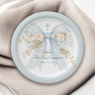 Erste Kommunion Mädchen Dusty Blau Floral Bogen Pappteller
