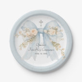 Erste Kommunion Mädchen Dusty Blau Floral Bogen Pappteller (Vorderseite)