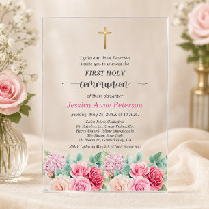 Erste Kommunion Mädchen Goldkreuz Rosen Floral Acryleinladungen