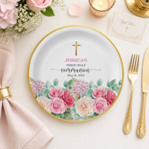 Erste Kommunion Mädchen Goldkreuz Rosen Floral 