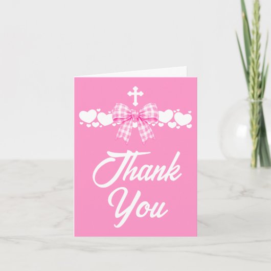 Erste Kommunion Mädchen Rosa Gingham-Schleife Dankeskarte (Vorderseite)