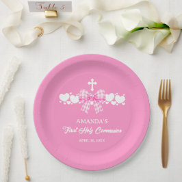Erste Kommunion Mädchen Rosa Gingham-Schleife Pappteller