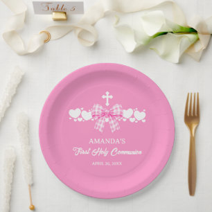 Erste Kommunion Mädchen Rosa Gingham-Schleife Pappteller