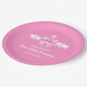 Erste Kommunion Mädchen Rosa Gingham-Schleife Pappteller (Schrägansicht)