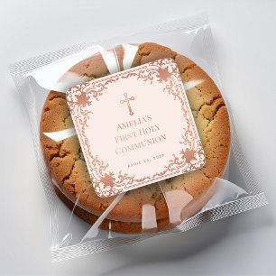 Erste Kommunion Mädchen Rosa Roségold Kreuz Vintag Quadratischer Aufkleber